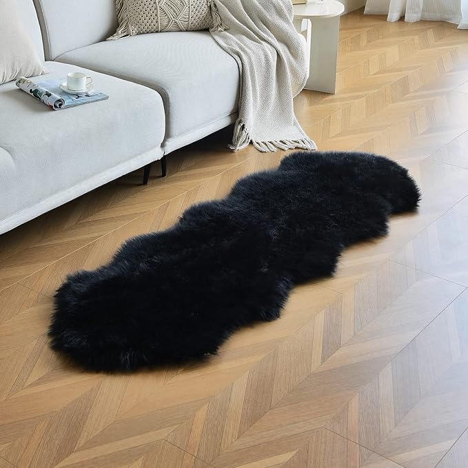duduta Black Faux Sheepskin Runner Rugs 2x6 ft, Fluffy Shag Bedroom Rug Fur by Duduta