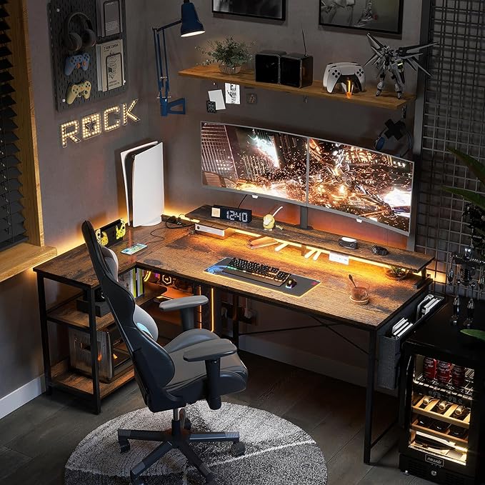 ODK 58 Inch Gaming Desk with USB Charging Ports and LED Lights, Reversible L - Image 7