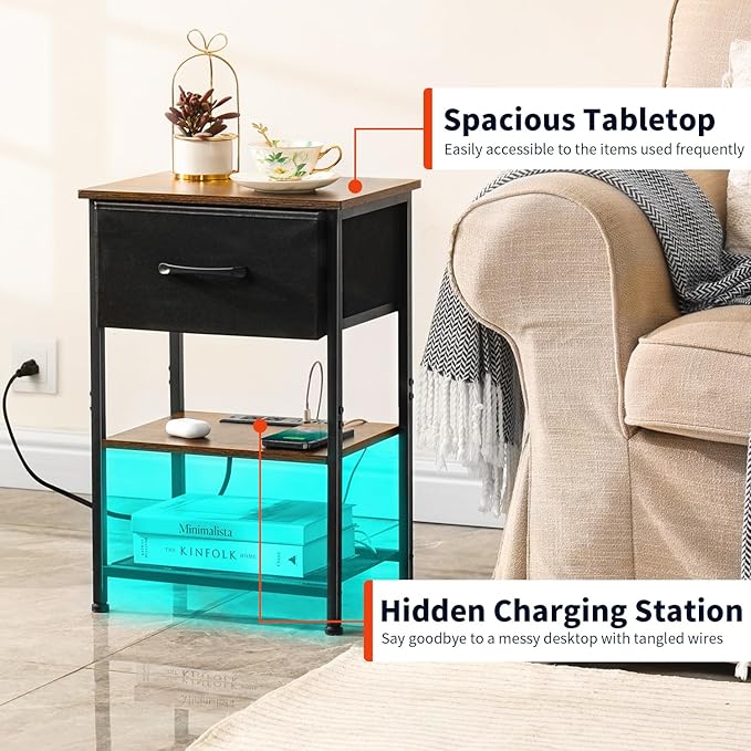Nightstands Set of 2 with Charging Station and Drawer, End Table Side Table - Image 4
