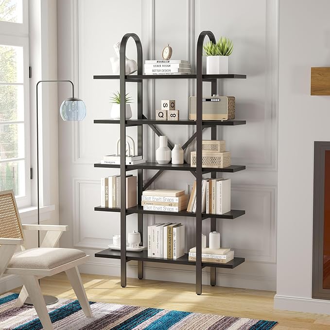 Wide Bookshelf Arched Bookcase, Industrial 5 Tier Open Book Shelves by Kogven
