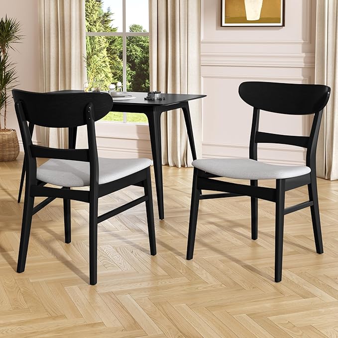 Set of 2 Solid Wood Dining Chairs, Fabric Upholstered Seat Mid-Century Modern by Merax