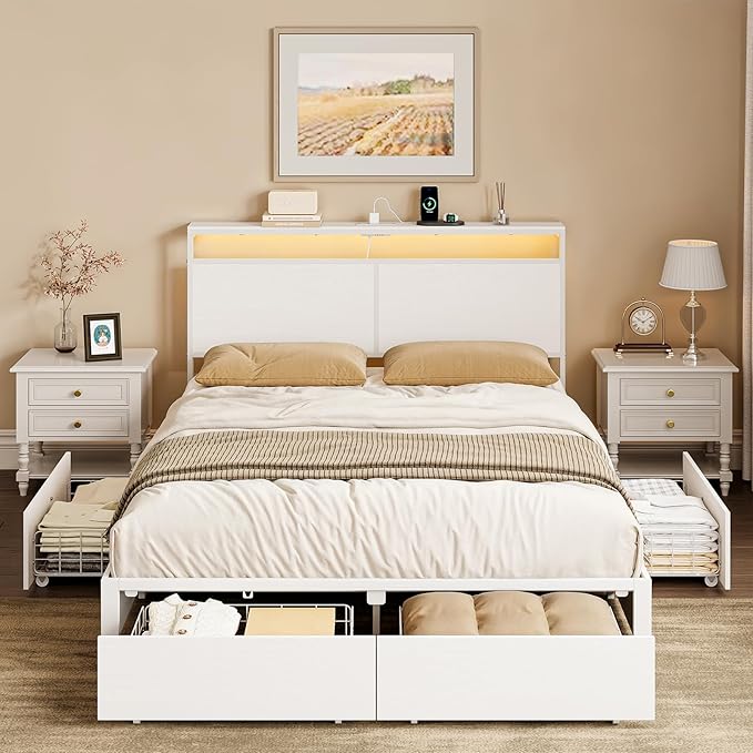 Full Bed Frame with 4 Storage Drawers Bed Frame Full Size with Headboard LED - Image 3