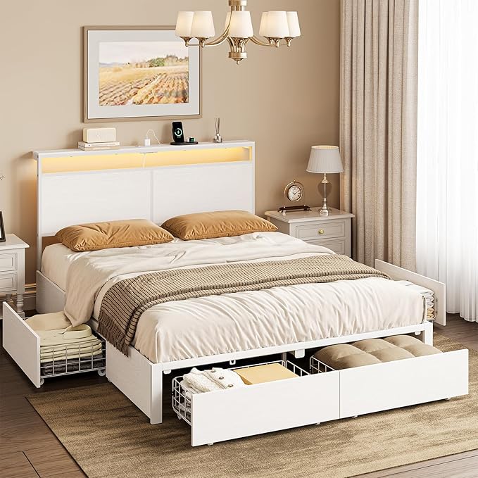 Full Bed Frame with 4 Storage Drawers Bed Frame Full Size with Headboard LED by HAUSOURCE