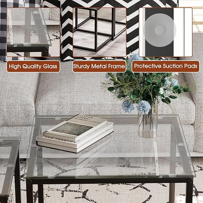 Garden 4 you Coffee Table Set of 2, Modern Glass Nesting Table, Metal Frame - Image 7