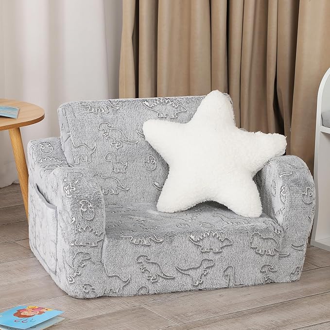 Dinosaur Glow in The Dark Toddler Couch, 2-in-1 Toddler Soft Couch Fold Out - Image 2