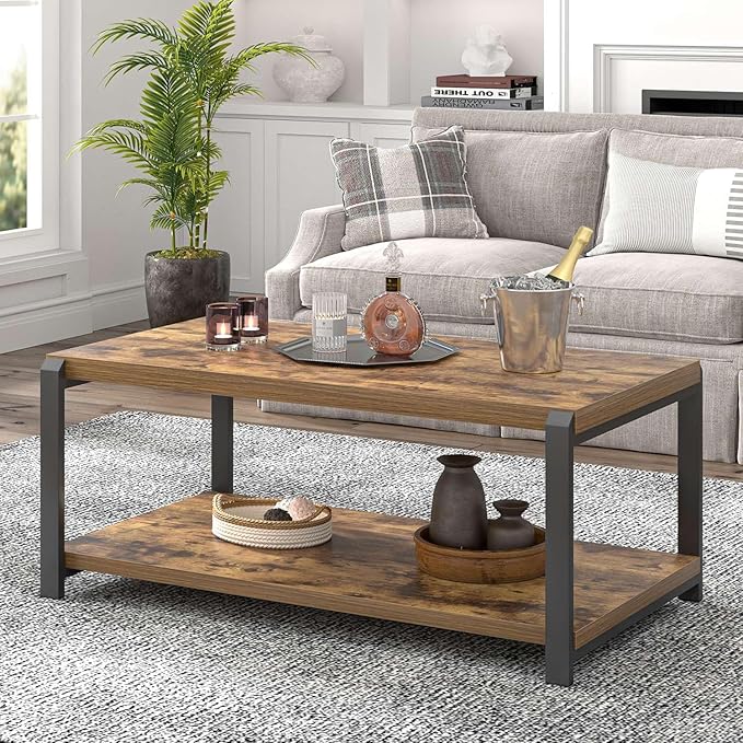EXCEFUR Modern Coffee Table, Industrial Wood and Metal Center Table, Cocktail - Image 3