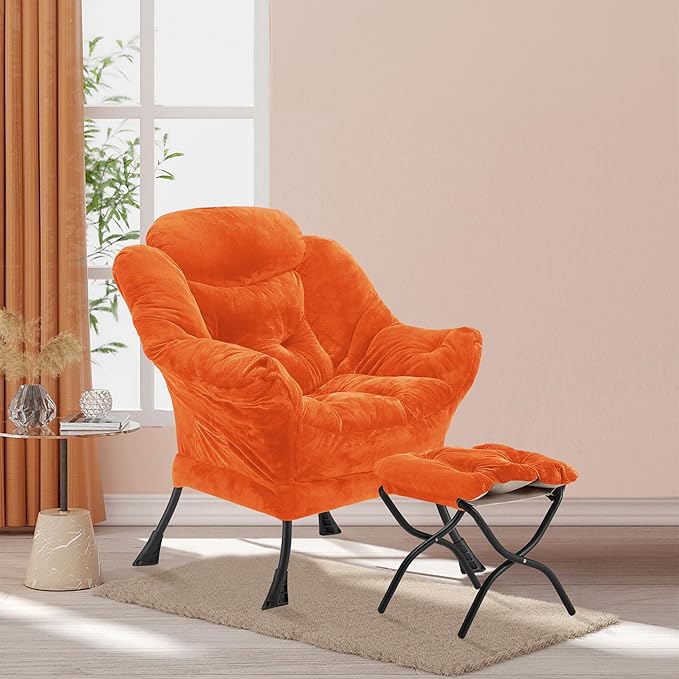 Lazy Chair with Folding Ottoman, Accent Chair Plush Upholstered with Metal - Image 2