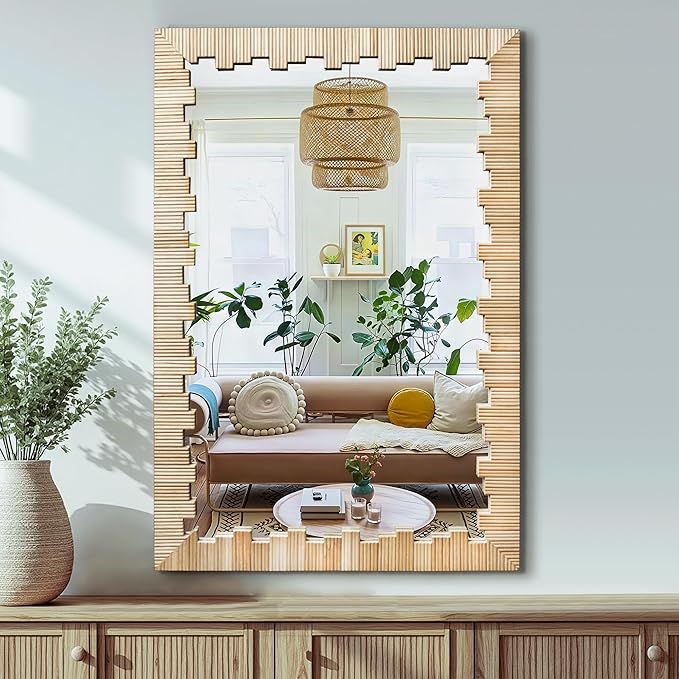 Boho Wall Mirror with Wood Frame, Living Room - Image 4