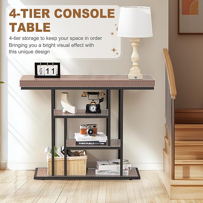 HABUTWAY 42" Industrial Entryway Table, Narrow 4-Tier Wood Console Table - Image 6