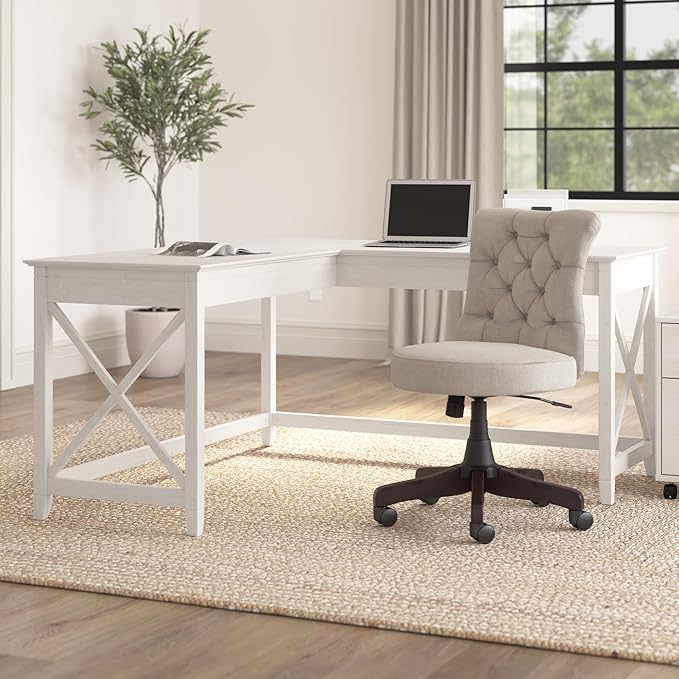 Bush Furniture Key West 60W Modern Farmhouse L Shaped Desk in Linen White Oak | - Image 2