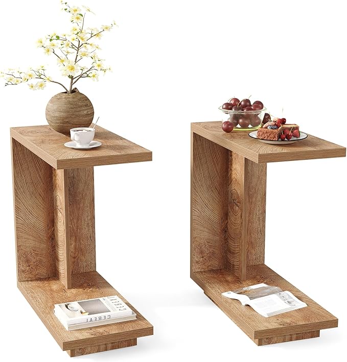 LITTLE TREE C-Shaped Side Table Set of 2, Narrow 2-Tier End Table by LITTLETREE