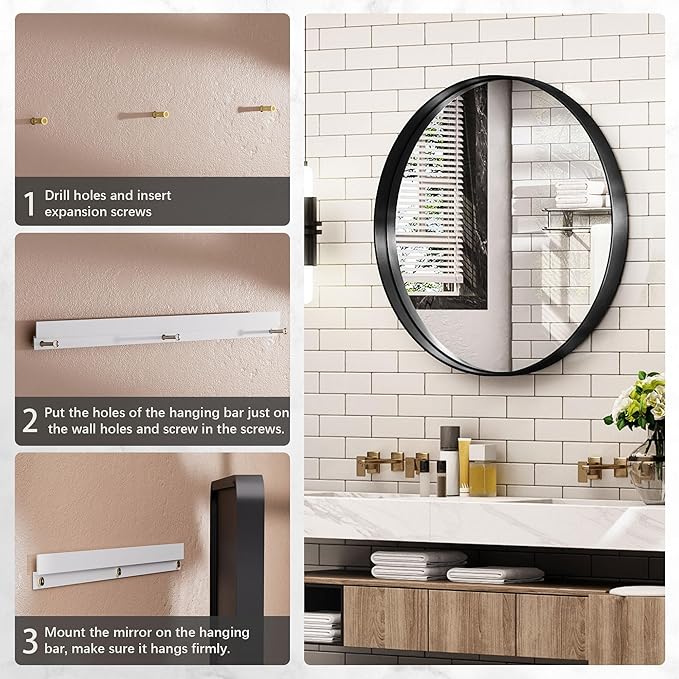 Hasipu Round Black Mirror 32 Inch Round Bathroom Mirror Metal Frame, Wall - Image 6