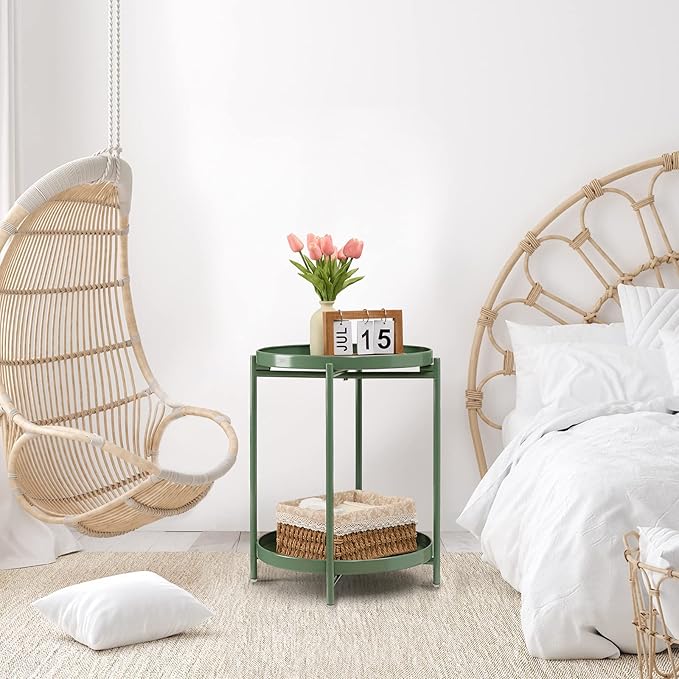 TeoKJ 2 Tier Green Side Table, Folding Round Metal End Table Small Nightstand - Image 6