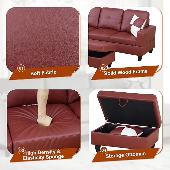 Osparple L Shaped Couch Faux Leather Sectional Couches - Image 5