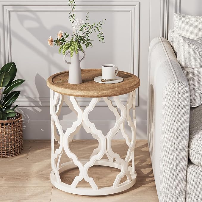 Farmhouse End Table, 18.5'' French Country Round Side Table, Distressed Tray by KARLOTT