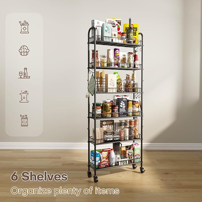 6 Tier Slim Storage Cart with Wheels, Metal Mobile Shelving Unit Organizer - Image 8