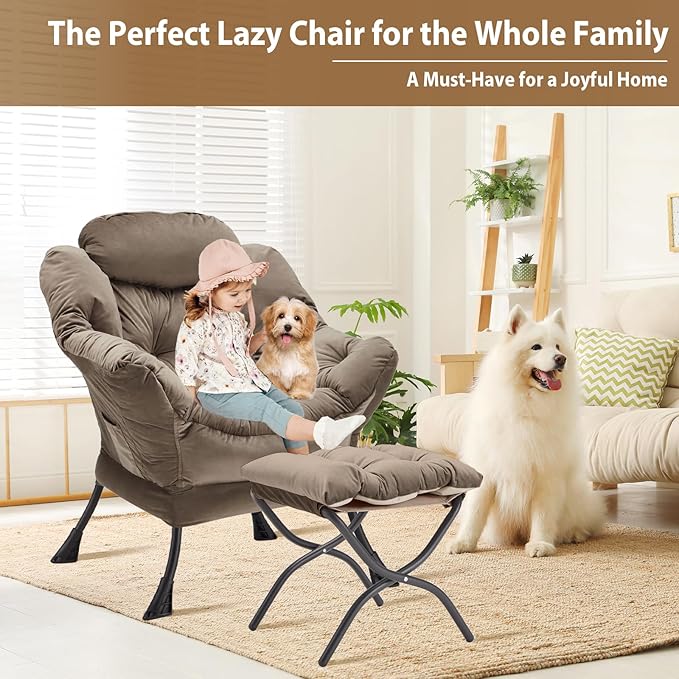 Lazy Chair with Folding Ottoman, Accent Chair Velvet Upholstered with Metal - Image 4