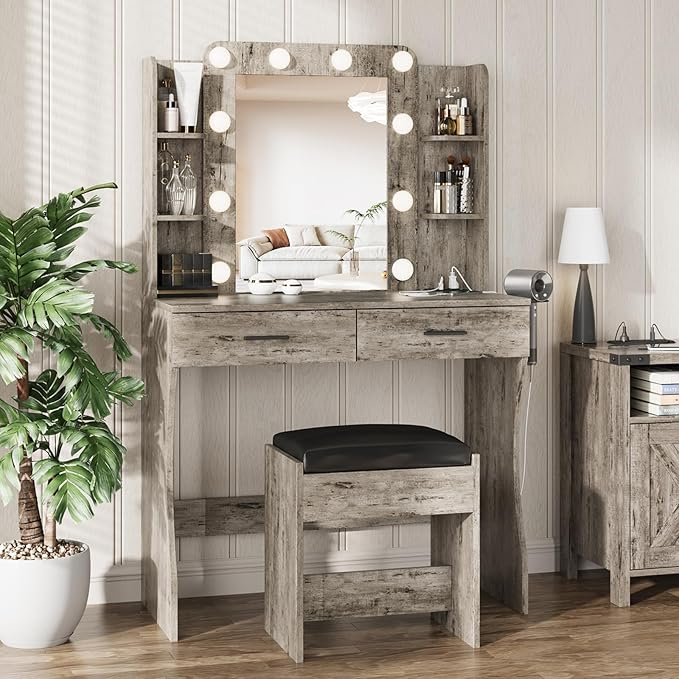 Vabches Vanity Desk with Mirror and Lights, Makeup Vanity Table with Charging - Image 2