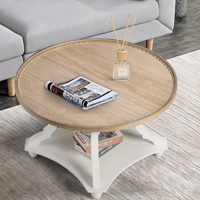 Wnutrees Farmhouse Round Coffee Table, Wood Tray Top Circle Coffee Table - Image 6