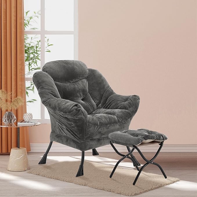 Lazy Chair with Folding Ottoman, Accent Chair Plush Upholstered with Metal - Image 2