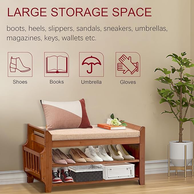 Shoe Storage Bench for Entryway, Bamboo Entryway Bench - Image 5