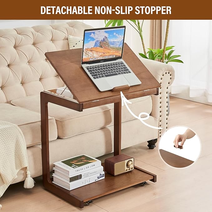 CozyDH Adjustable C Shaped End Table, Rolling Side Table Solid Wood TV Sofa - Image 6