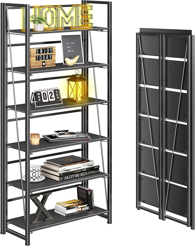 4NM No Assembly Folding Bookshelf, 6-Shelf 74" H Collapsible Foldable Bookcase by 4NM