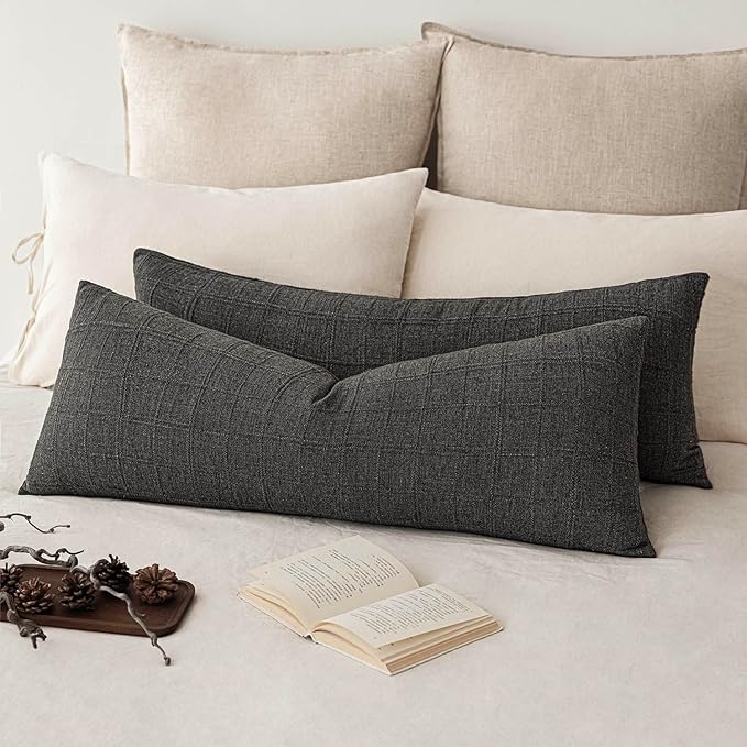 Foindtower Set of 2 Decorative Linen Check Throw Pillow Covers Neutral Long by Foindtower