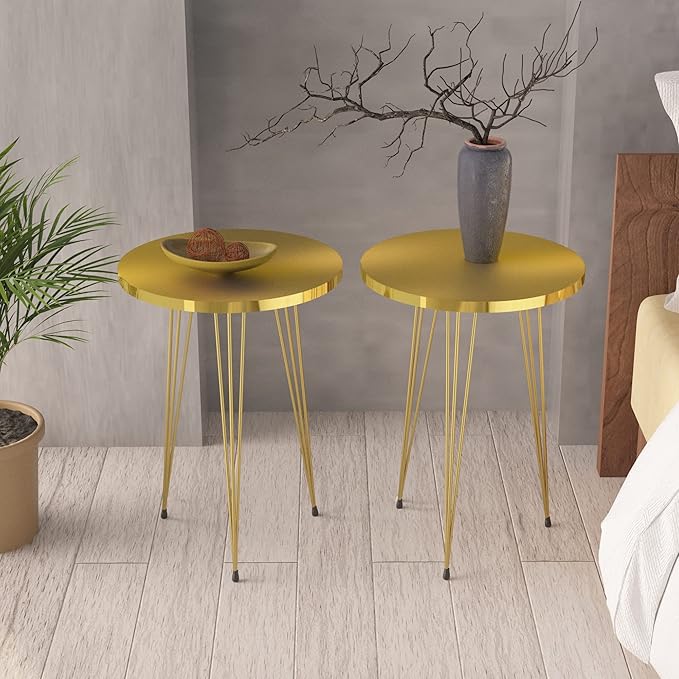 PAK HOME Set of 2 High Gloss Gold End Tables Round Wood Sofa Side Coffee Tables - Image 3