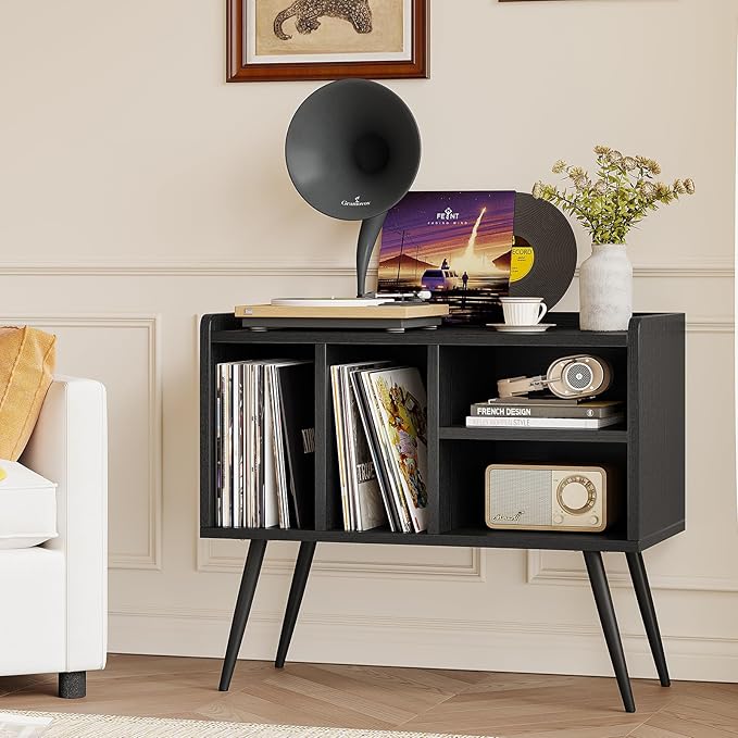 Record Player Stand with Vinyl Storage, Turntable Stand with Solid Wood Legs - Image 5