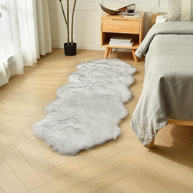 duduta White Black Faux Sheepskin Runner Rugs 2x6 ft, Fluffy Shag Bedroom Rug - Image 5