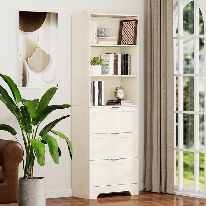 6 Tier Book Shelf with Drawers, Free Standing Tall Bookshelf with Cabinet by FTZxHKLX