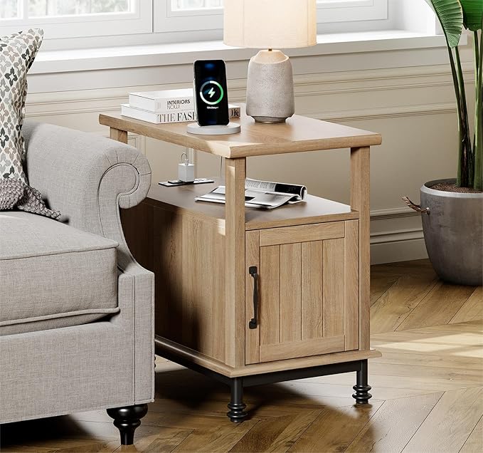 WAMPAT Oak End Table with Charging Station, Sofa Side Table with Storage Cabinet - Image 3