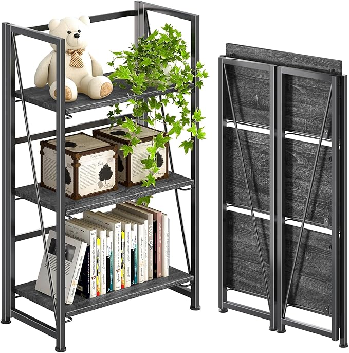 4NM No-Assembly Folding Bookshelf Storage Shelves 3 Tiers Vintage Bookcase by 4NM