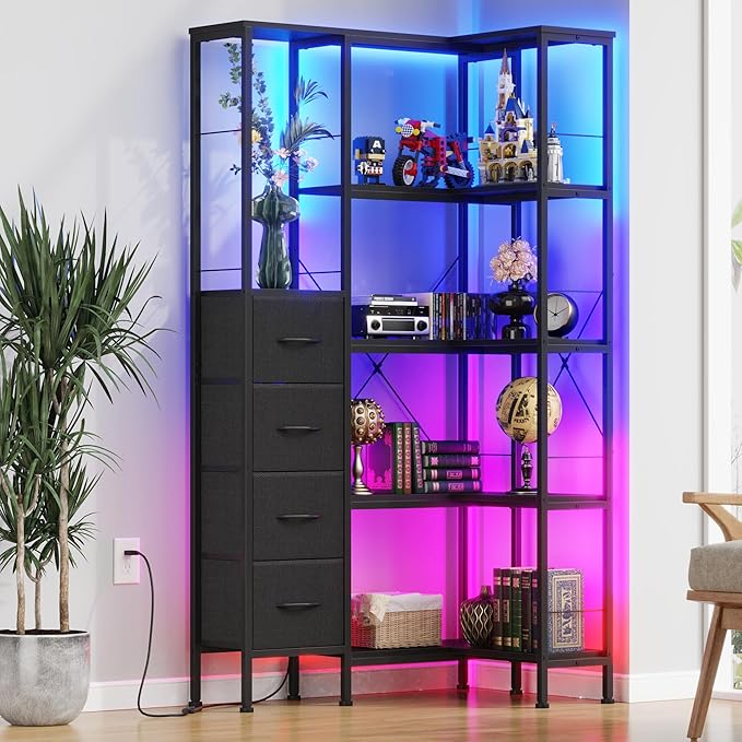 Corner Bookshelf with LED Light Strips & 4 Fabric Drawers, 5-Tier Convertible by Unknown