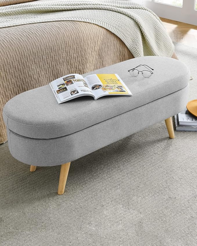 Oval Storage Bench 43.5" Linen Fabric Upholstered Entryway Bench - Image 5
