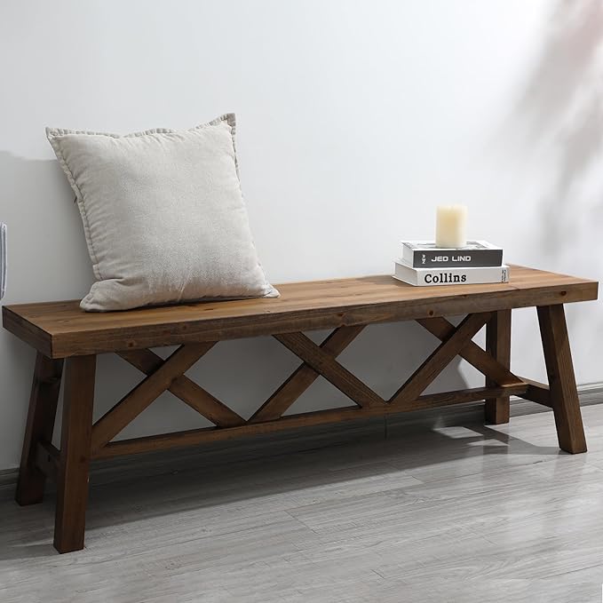 Wnutrees 54" Farmhouse Wood Bench, Rustic Solid Wood Entryway Bench Seat - Image 6