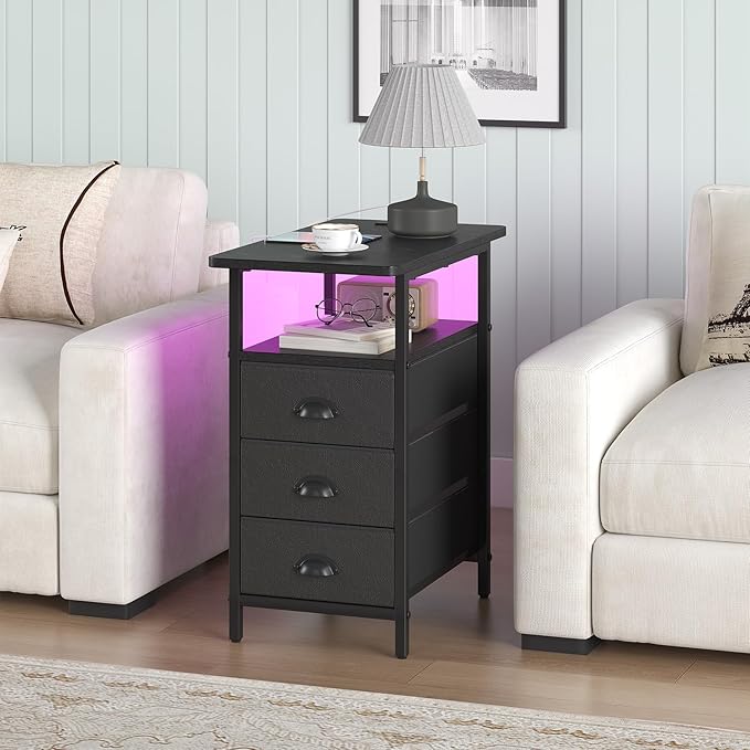 End Table with Charging Station, LED Side Tables with USB Ports and Outlets - Image 2