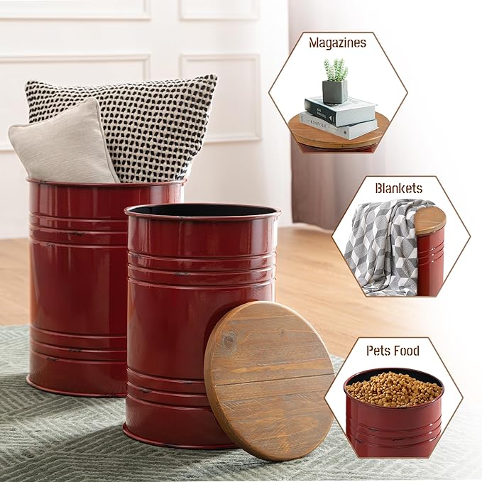 Glitzhome Farmhouse Accent Side Table, Metal Storage Stool Ottoman - Image 4