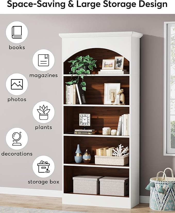 LITTLE TREE 70.9" White Bookcase, 5-Tier Tall Bookshelf - Image 7