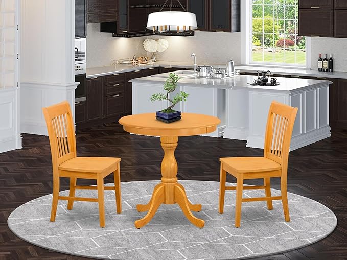 East West Furniture ESNF3-OAK-W 3 Piece Dining Set Contains a Round Dining Table - Image 2