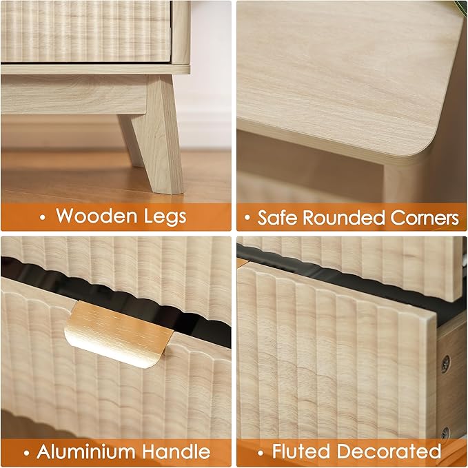 Fluted Nightstand with Charging Station, 19.7 inch Wide End Table with 2 Drawers - Image 5