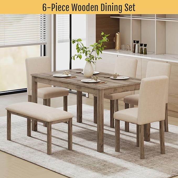6-Piece Solid Wood Dining Table Set, Including 1 Dining Table, 4 Upholstered - Image 7