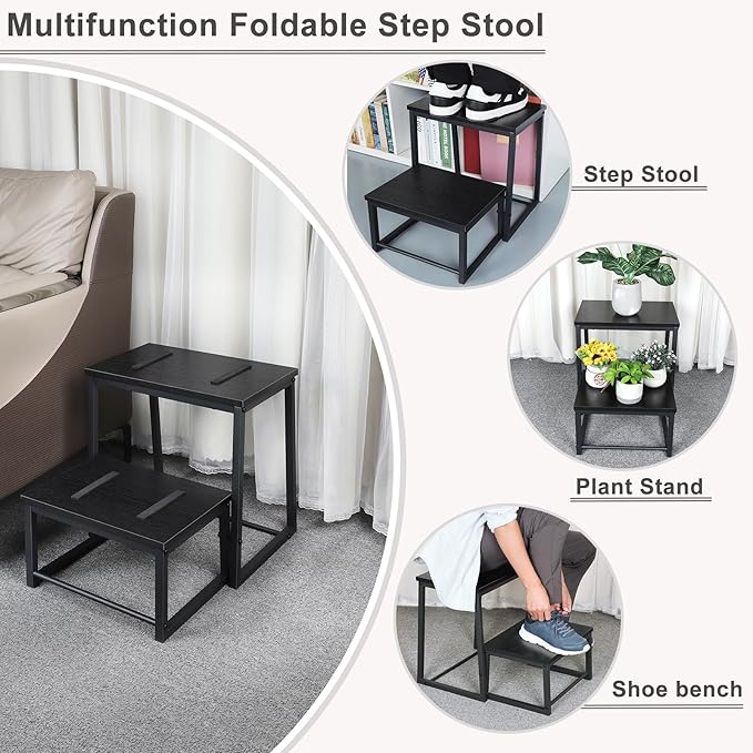Vrisa Step Stool for Adults Wooden 2 Steps Footstool Heavy Duty RV Bedside - Image 5