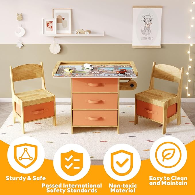 Pine Wood Kids Table and Chair Set 3 in 1 Wooden Toddler Table - Image 6