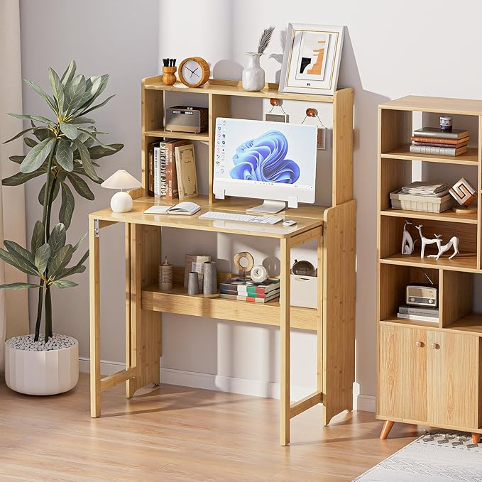 Bamboo Folding Desk with Storage Rack Mid Century Modern Desk - Image 8