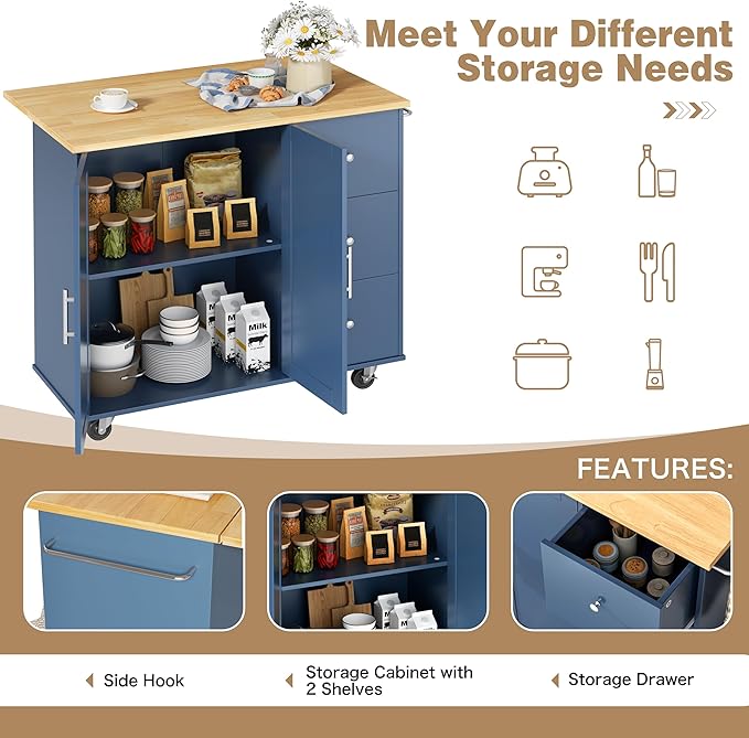 Shintenchi Kitchen Island with Folding Drop Leaf, Rolling Island Table with - Image 5