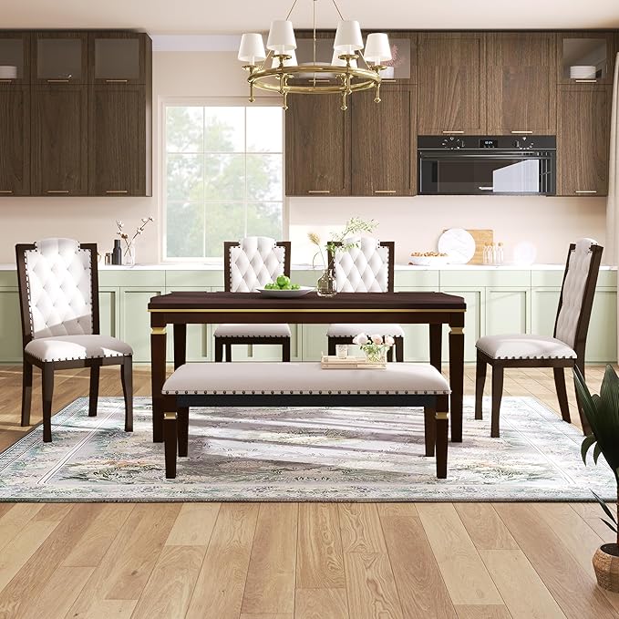 Ball & Cast Dining Table Set for 6, Kitchen Table W/ 4 High-Back Tufted Chairs - Image 2