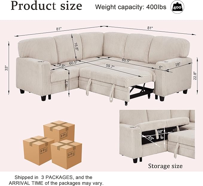 Ball & Cast Modular Sectional Sleeper Sofa Bed, L-Shaped Couch W/Pull Out Bed - Image 2