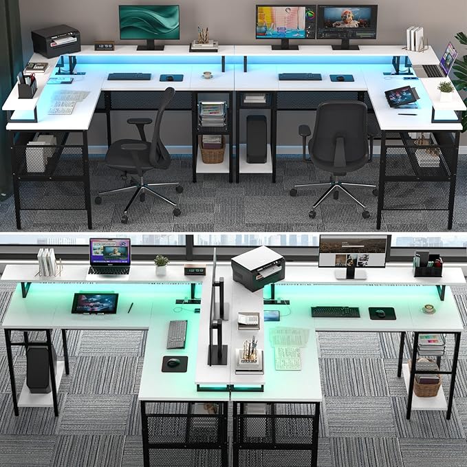 Unikito L-Shaped Desk with LED Strip and Power Outlets, Reversible Corner - Image 6